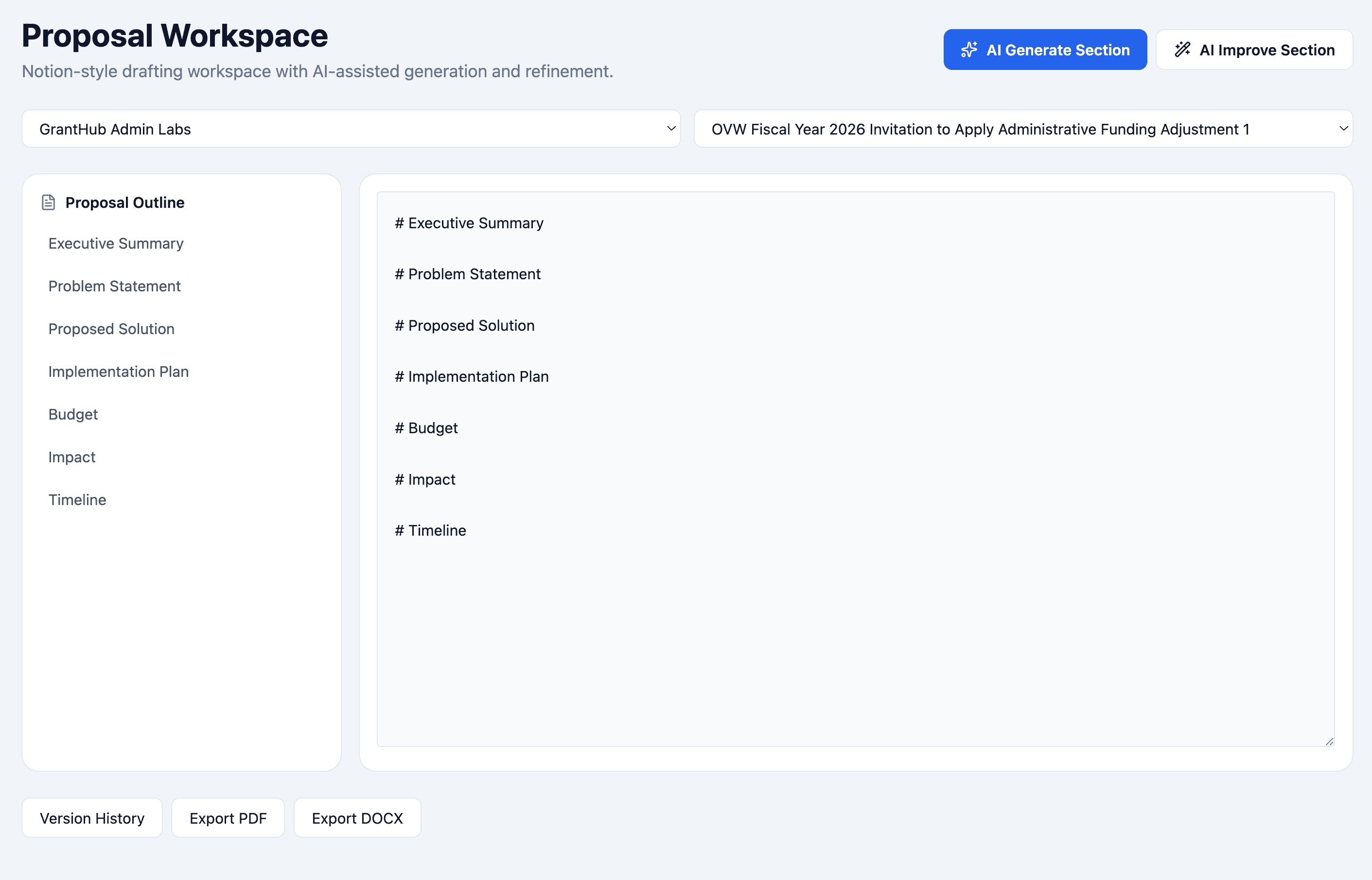 Proposal Workspace page